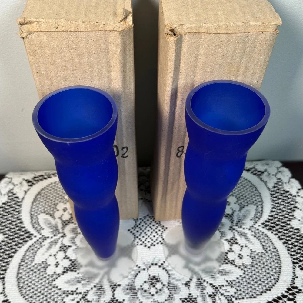 Cobalt Blue Frosted Glass Bud Vases PAIR Gorgeous Designs China Modern Decor
